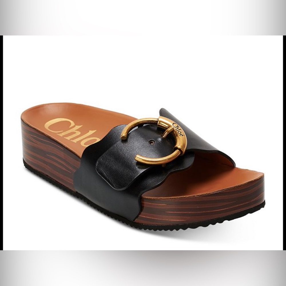 Chloe Black and Brown Sandals with Gold Buckle